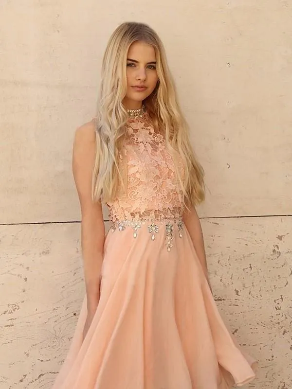 A-Line Sleeveless High Neck Chiffon With Beading Knee-Length Dresses