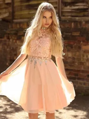 A-Line Sleeveless High Neck Chiffon With Beading Knee-Length Dresses