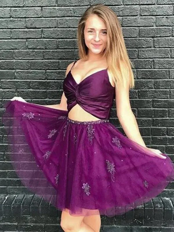 A-Line Sleeveless Tulle Two Piece Short Dresses With Beading