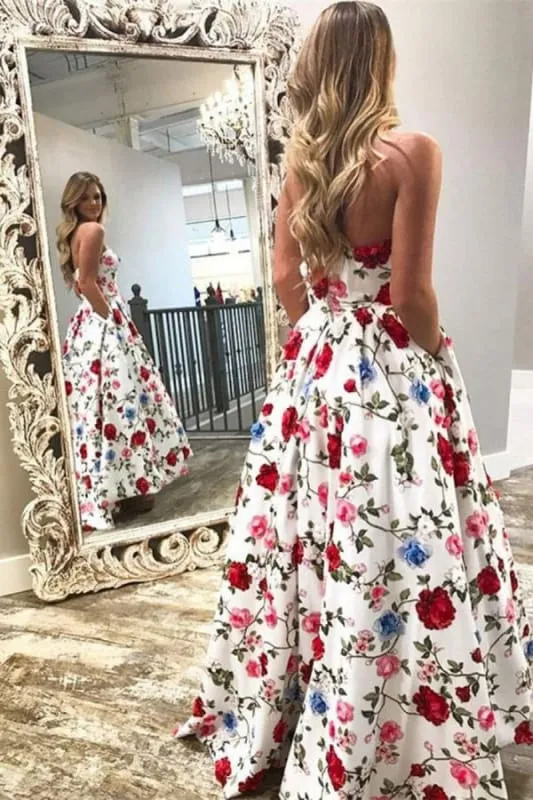 A-Line Strapless High Low White Printed Prom with Pockets Floral Party Dress