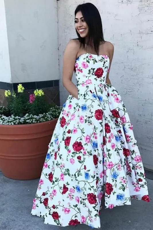 A-Line Strapless High Low White Printed Prom with Pockets Floral Party Dress