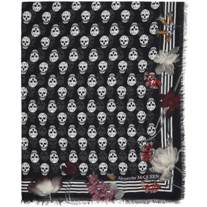 Alexander McQueen Black and White Floral Biker Scarf
