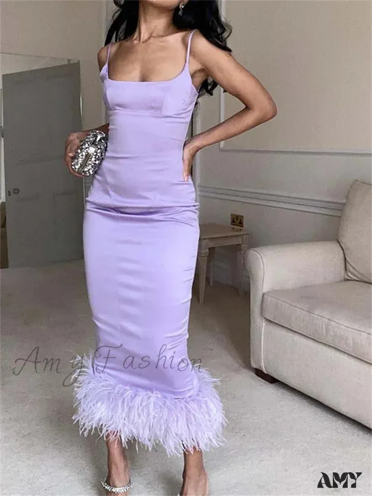 Amy Fashion - Elegant Sleeveless Strap  Summer Party Clubwear Sexy Women Aquare Neck Feather Patchwork Slim Vestido