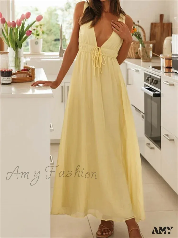 Amy Fashion - Retro Women Evening Party  Solid Color Sleeveless Deep V-Neck Front Tie-up Formal Female Vestido