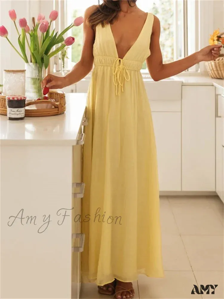 Amy Fashion - Retro Women Evening Party  Solid Color Sleeveless Deep V-Neck Front Tie-up Formal Female Vestido