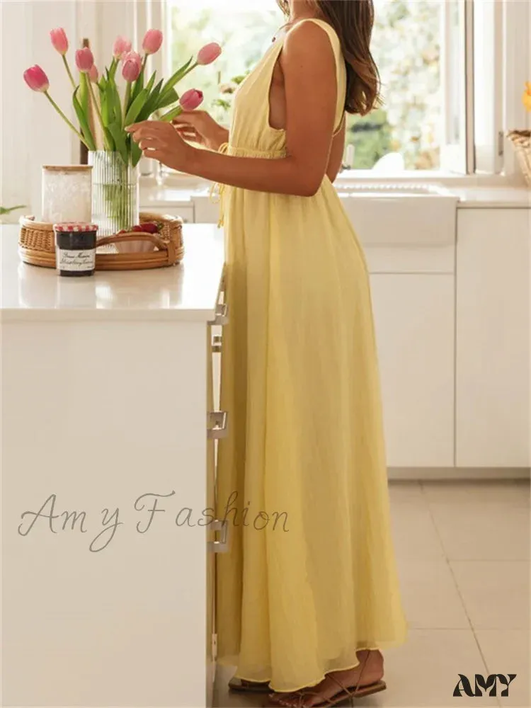 Amy Fashion - Retro Women Evening Party  Solid Color Sleeveless Deep V-Neck Front Tie-up Formal Female Vestido
