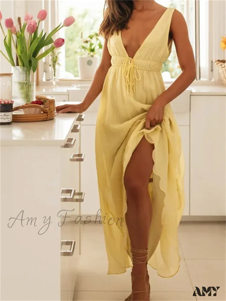 Amy Fashion - Retro Women Evening Party  Solid Color Sleeveless Deep V-Neck Front Tie-up Formal Female Vestido