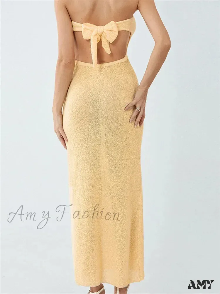 Amy Fashion - Sexy Women Knitted Tube  Strapless Off Shoulder Solid Summer  Tie-up Backless Beach Female Vestidos