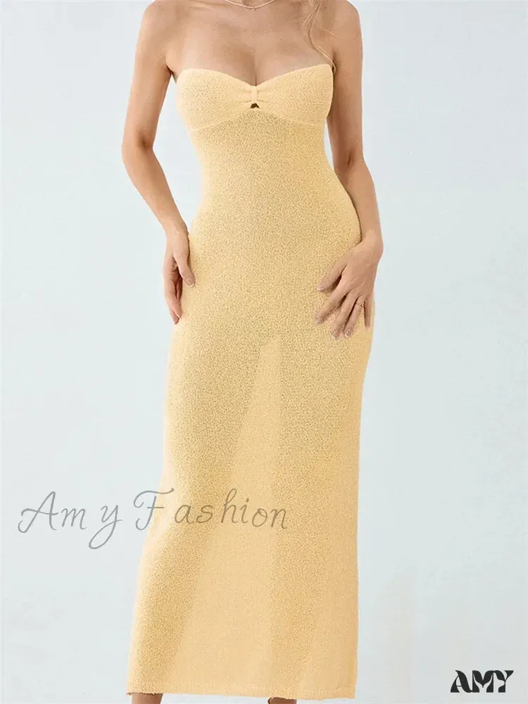 Amy Fashion - Sexy Women Knitted Tube  Strapless Off Shoulder Solid Summer  Tie-up Backless Beach Female Vestidos