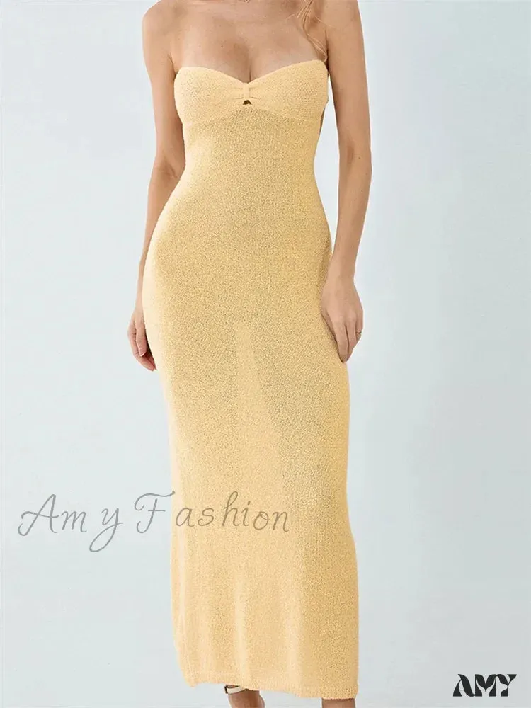 Amy Fashion - Sexy Women Knitted Tube  Strapless Off Shoulder Solid Summer  Tie-up Backless Beach Female Vestidos
