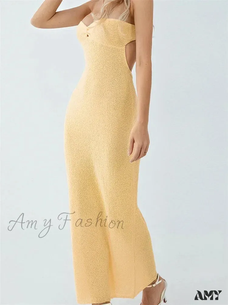 Amy Fashion - Sexy Women Knitted Tube  Strapless Off Shoulder Solid Summer  Tie-up Backless Beach Female Vestidos