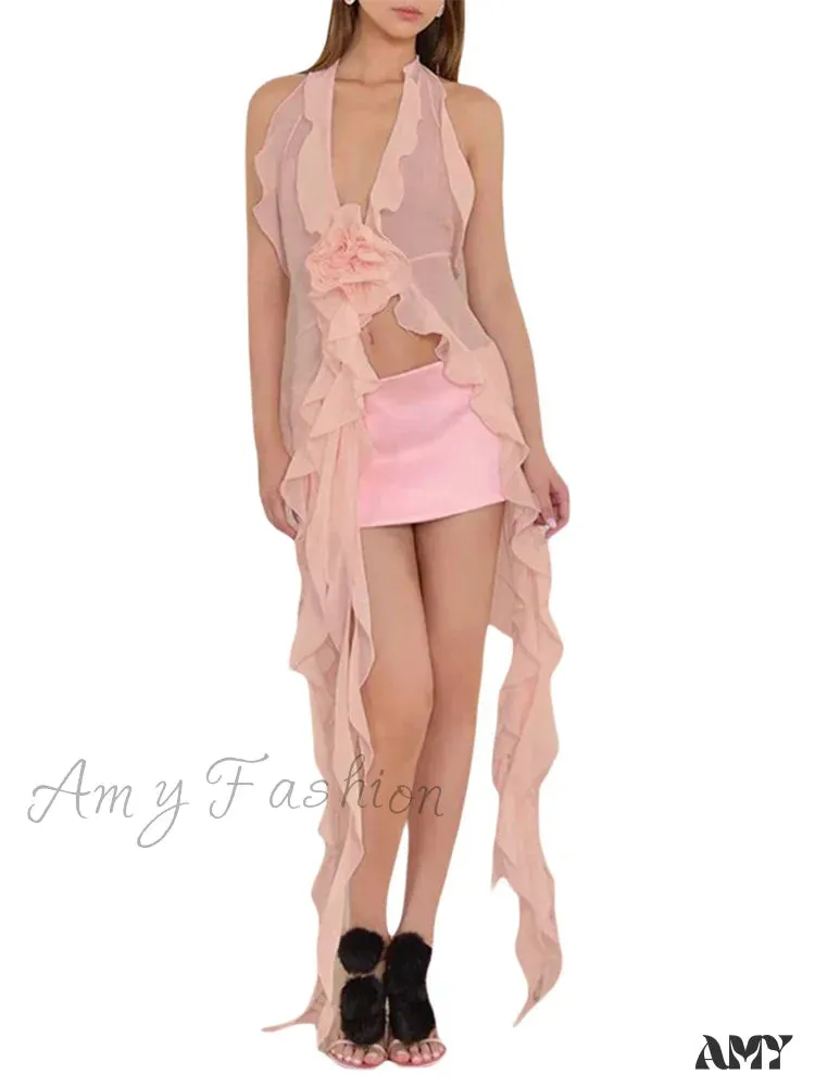 Amy Fashion - Women 3D Flower Halter Backless Deep V-neck Irregular Hem Ruffles Tassels Split Club Beach Female Vestidos
