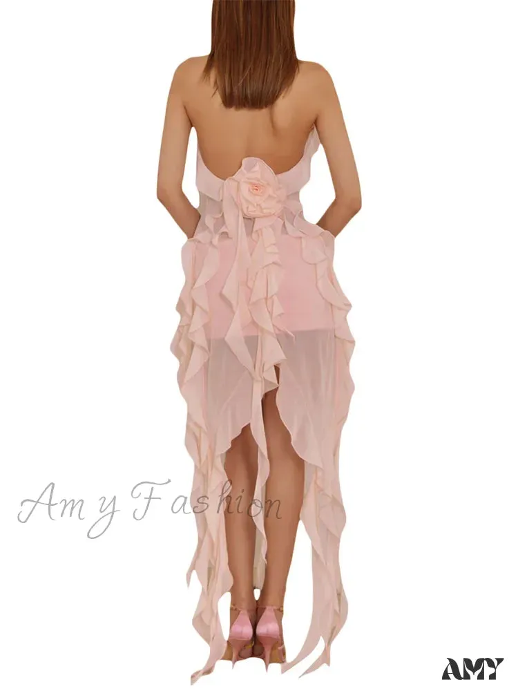 Amy Fashion - Women 3D Flower Halter Backless Deep V-neck Irregular Hem Ruffles Tassels Split Club Beach Female Vestidos