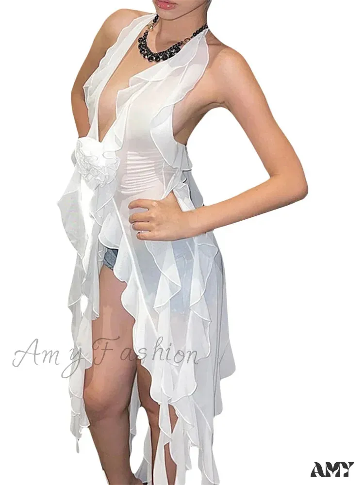 Amy Fashion - Women 3D Flower Halter Backless Deep V-neck Irregular Hem Ruffles Tassels Split Club Beach Female Vestidos
