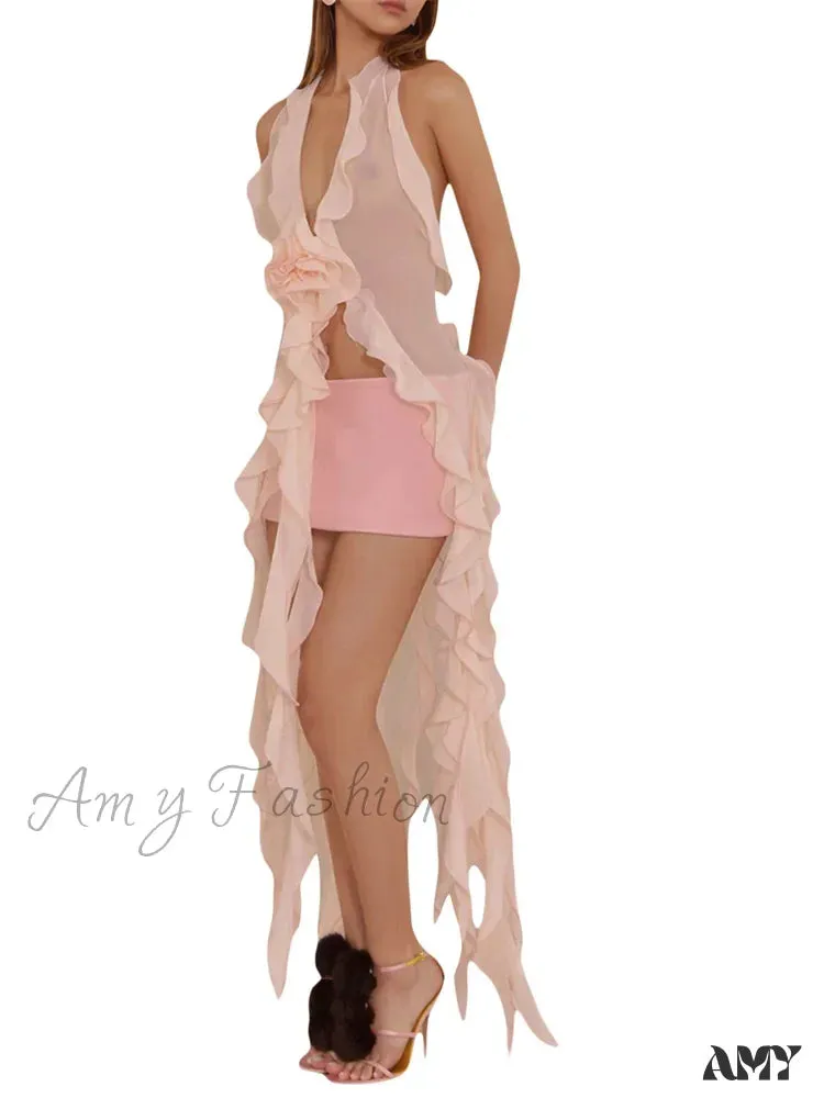 Amy Fashion - Women 3D Flower Halter Backless Deep V-neck Irregular Hem Ruffles Tassels Split Club Beach Female Vestidos