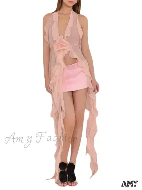 Amy Fashion - Women 3D Flower Halter Backless Deep V-neck Irregular Hem Ruffles Tassels Split Club Beach Female Vestidos
