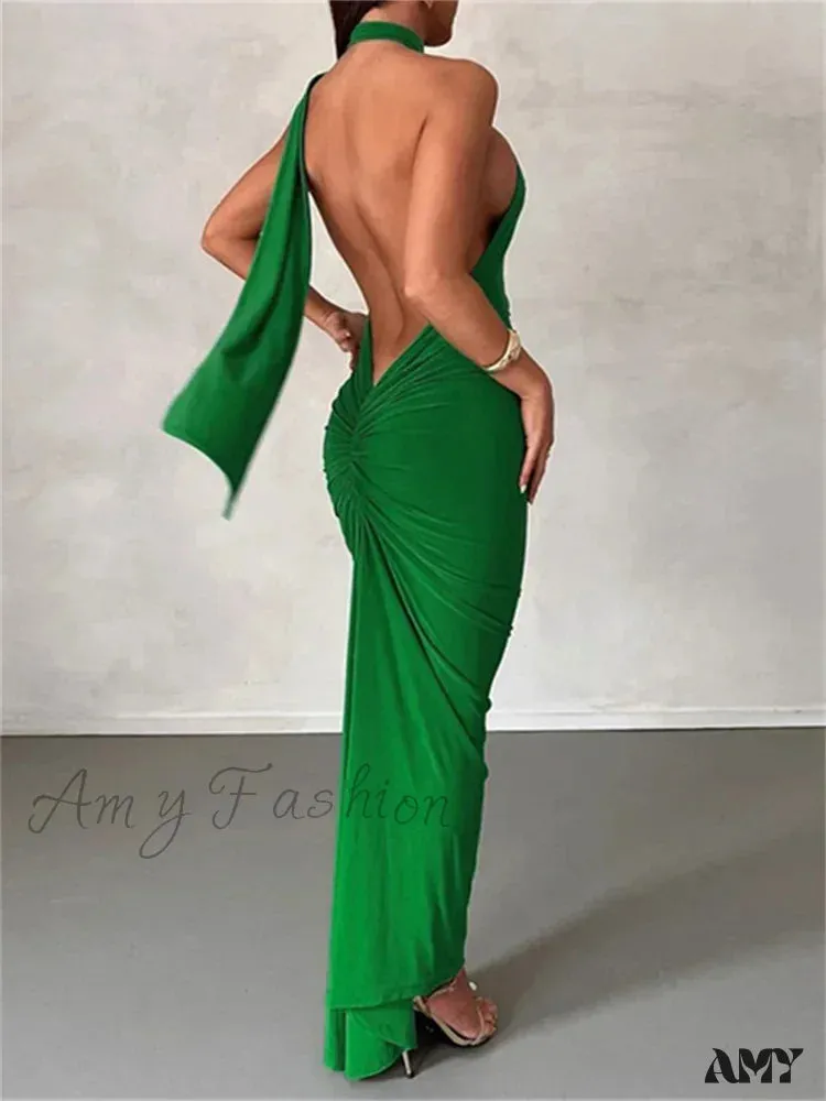 Amy Fashion - Women Halter Lace-up  Sleeveless Off Shoulder Backless Ruched Party Club Solid Color Female Vestidos
