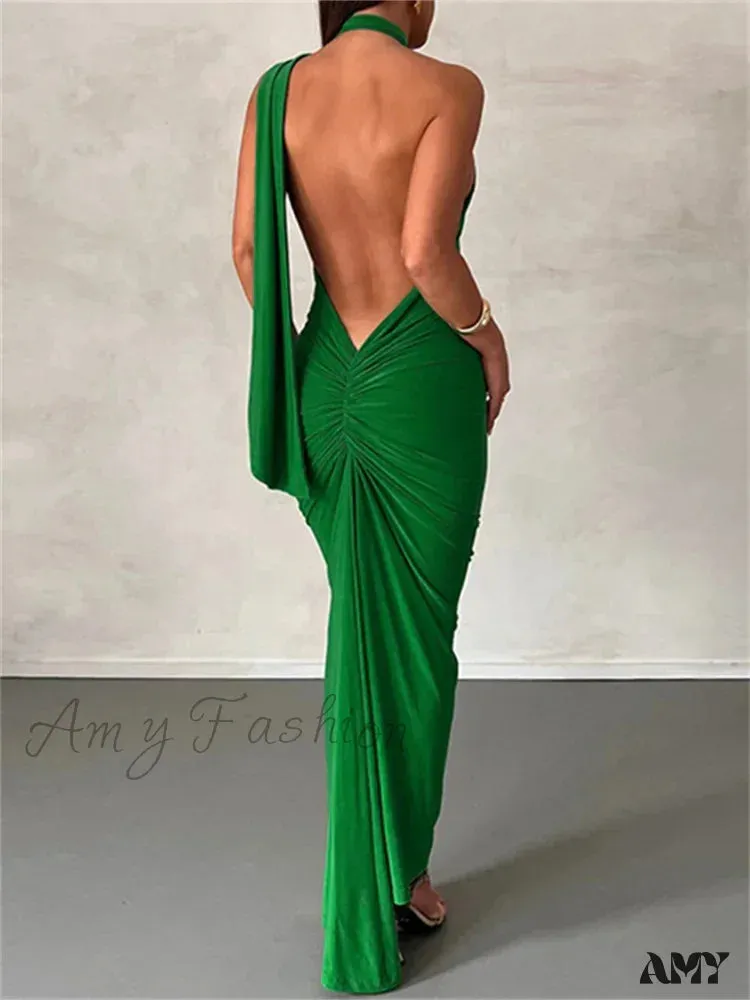 Amy Fashion - Women Halter Lace-up  Sleeveless Off Shoulder Backless Ruched Party Club Solid Color Female Vestidos