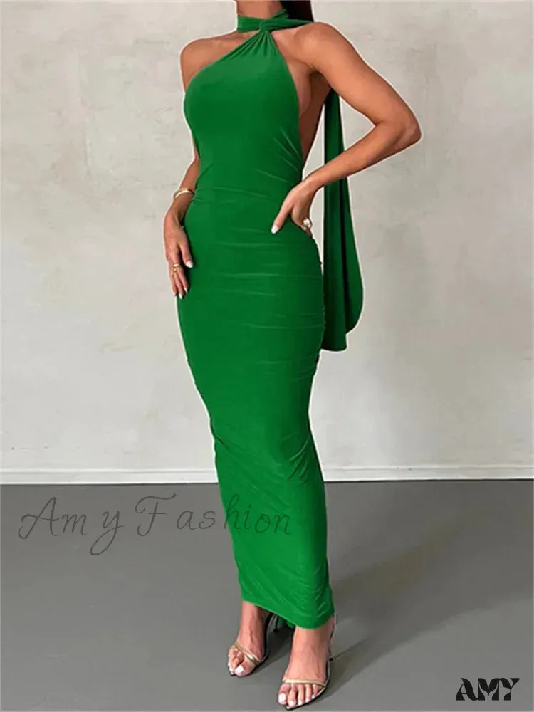 Amy Fashion - Women Halter Lace-up  Sleeveless Off Shoulder Backless Ruched Party Club Solid Color Female Vestidos