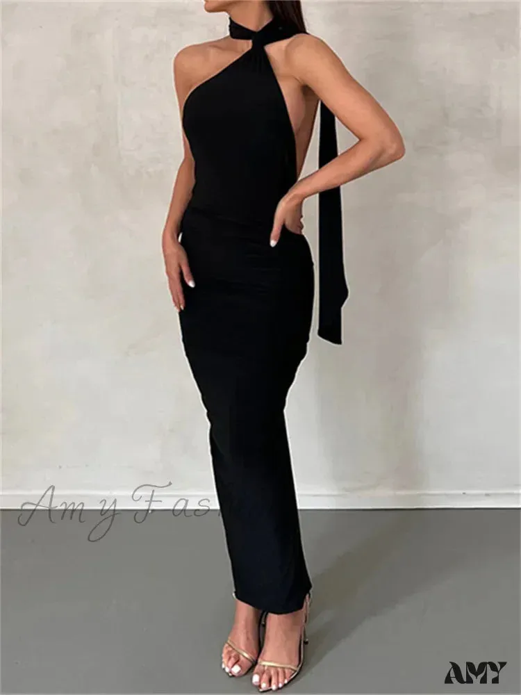 Amy Fashion - Women Halter Lace-up  Sleeveless Off Shoulder Backless Ruched Party Club Solid Color Female Vestidos
