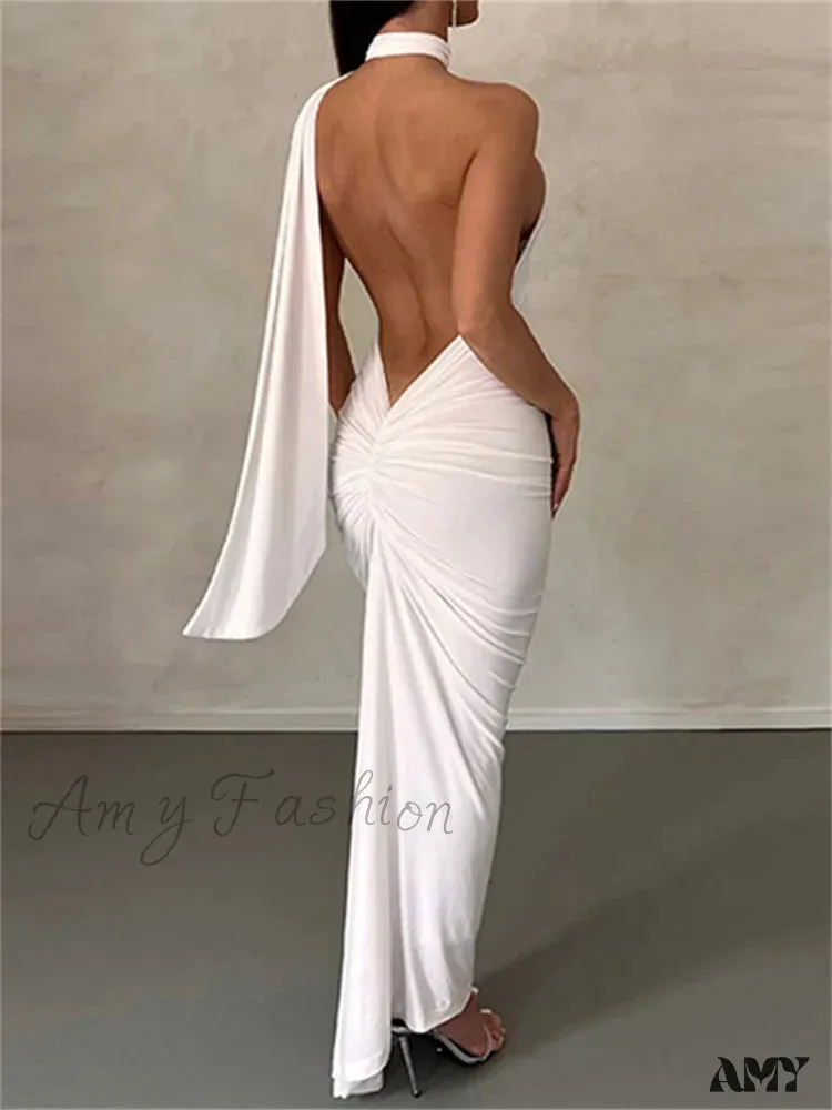 Amy Fashion - Women Halter Lace-up  Sleeveless Off Shoulder Backless Ruched Party Club Solid Color Female Vestidos