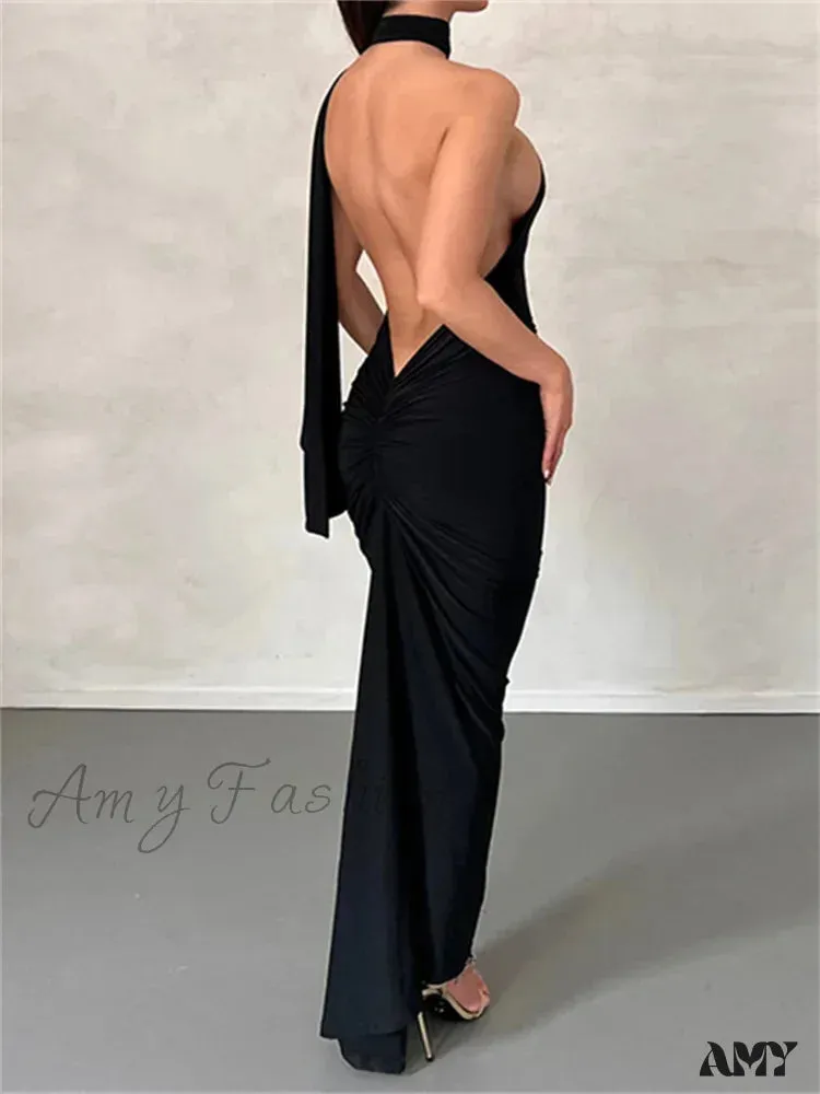 Amy Fashion - Women Halter Lace-up  Sleeveless Off Shoulder Backless Ruched Party Club Solid Color Female Vestidos