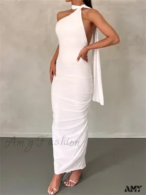 Amy Fashion - Women Halter Lace-up  Sleeveless Off Shoulder Backless Ruched Party Club Solid Color Female Vestidos