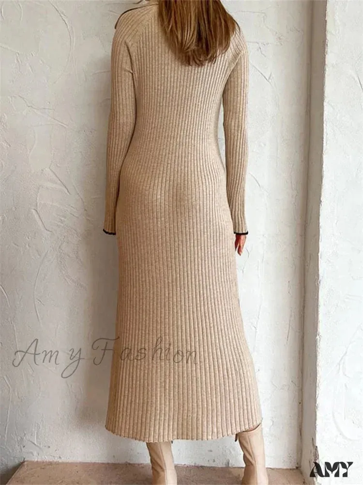 Amy Fashion - Women Ribbed Knitted   Flare Sleeve Lapel Solid Color Party Going Out Female Vestidos Streetwear