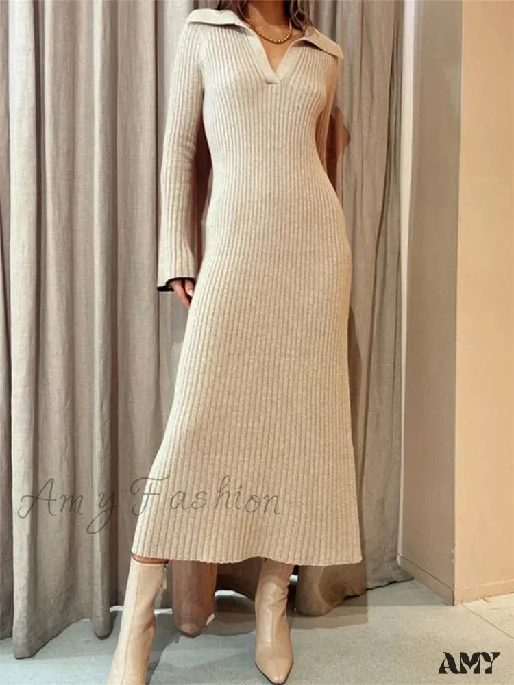 Amy Fashion - Women Ribbed Knitted   Flare Sleeve Lapel Solid Color Party Going Out Female Vestidos Streetwear