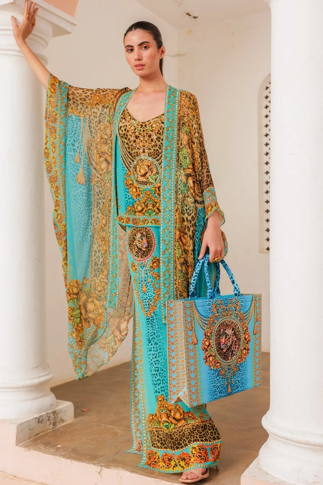 AQUA LEOPARDESS PALAZZO PANTS W SIDE SLIT