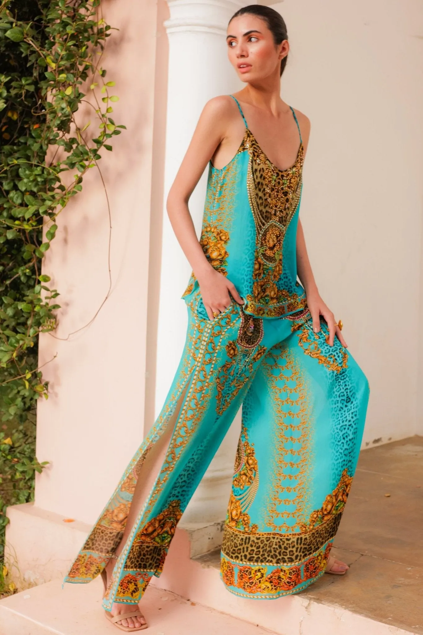 AQUA LEOPARDESS PALAZZO PANTS W SIDE SLIT