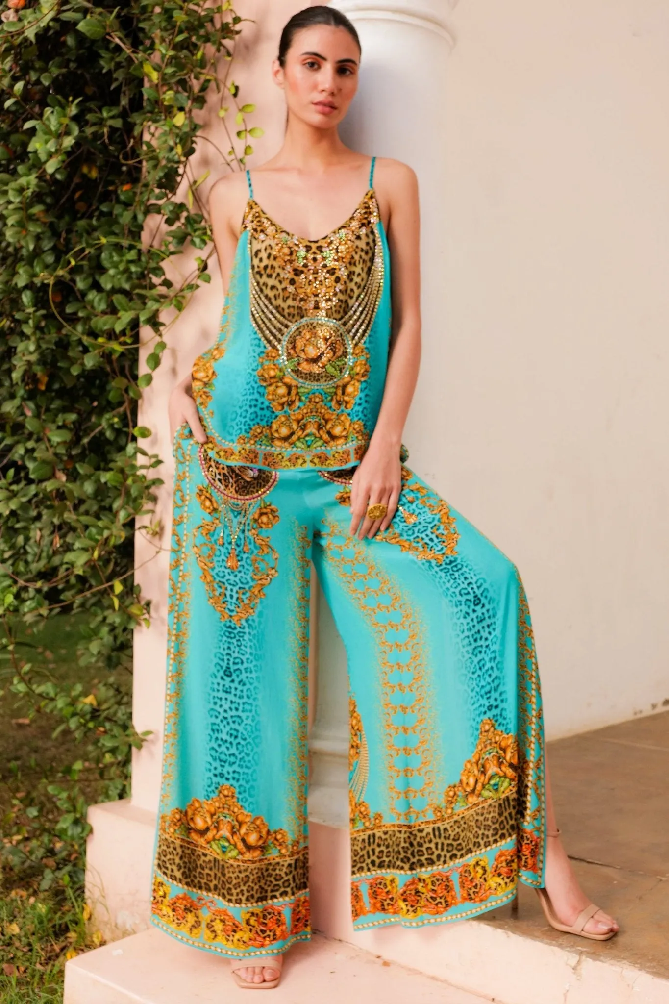 AQUA LEOPARDESS PALAZZO PANTS W SIDE SLIT
