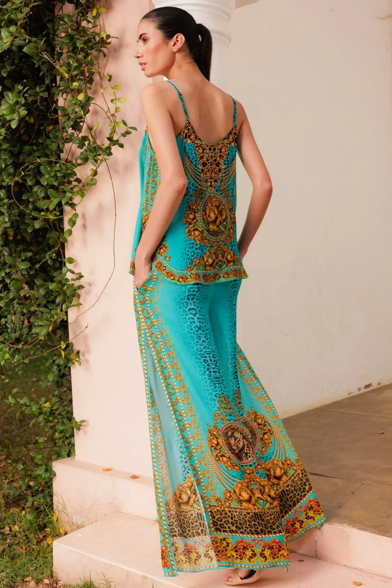 AQUA LEOPARDESS PALAZZO PANTS W SIDE SLIT