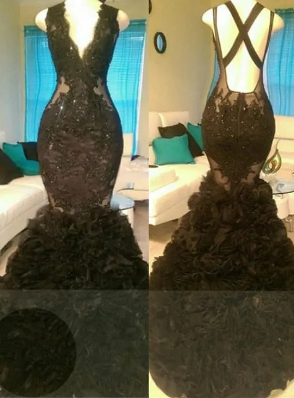 B| Bridelily Glamorous Mermaid V-Neck Tulle Appliques Open-Back Prom Dress