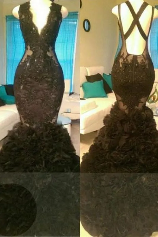 B| Bridelily Glamorous Mermaid V-Neck Tulle Appliques Open-Back Prom Dress