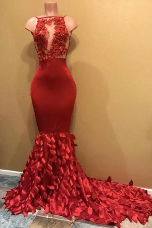 B| Bridelily Gorgeous Sleeveless Appliques Long Mermaid Prom Dresses