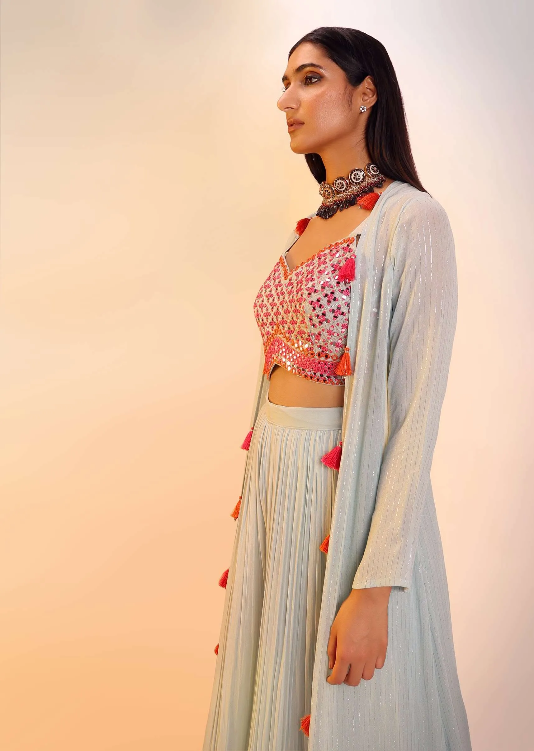 Blue Haze Palazzo And Crop Top Suit With Mirror Abla And Resham Work And Long Jacket