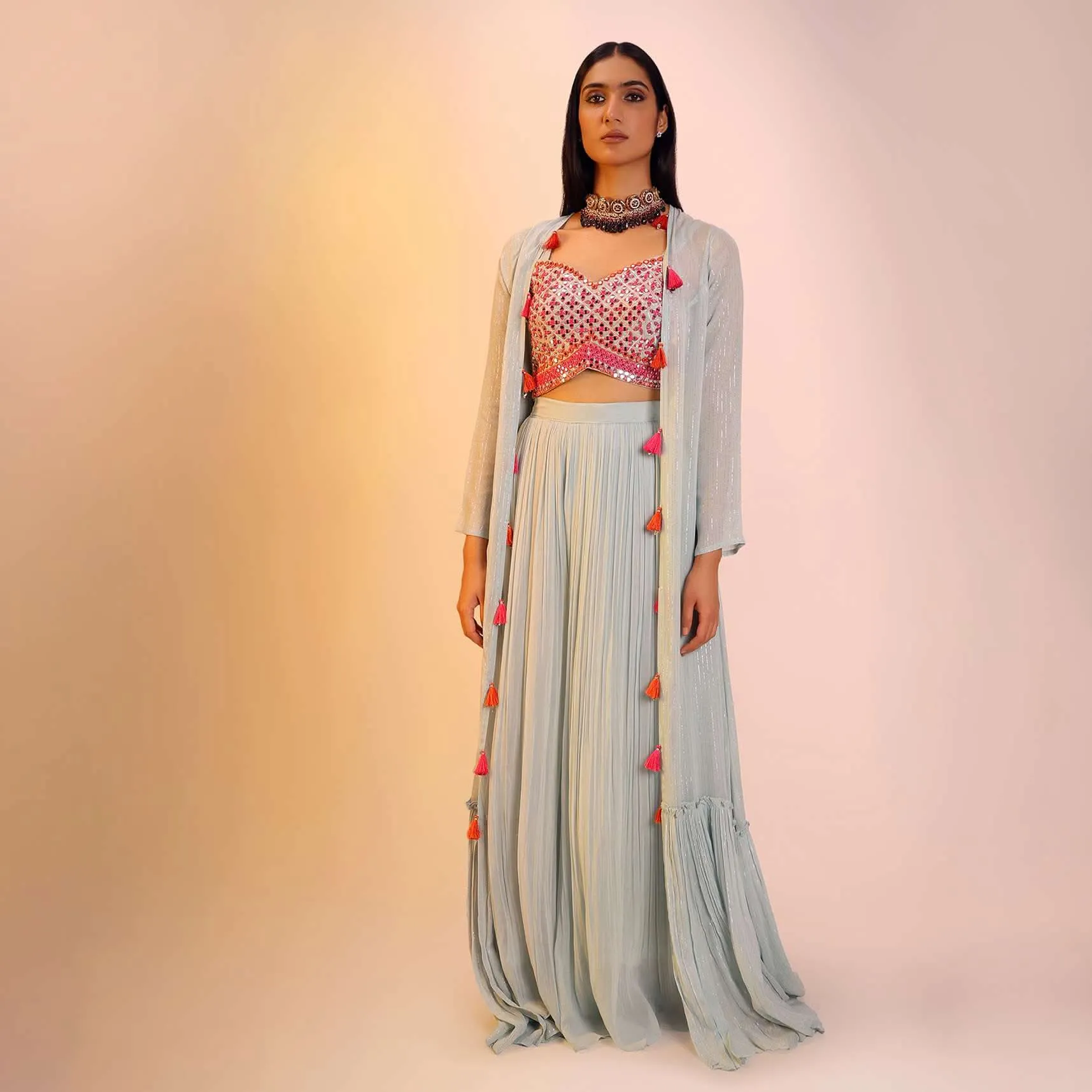 Blue Haze Palazzo And Crop Top Suit With Mirror Abla And Resham Work And Long Jacket