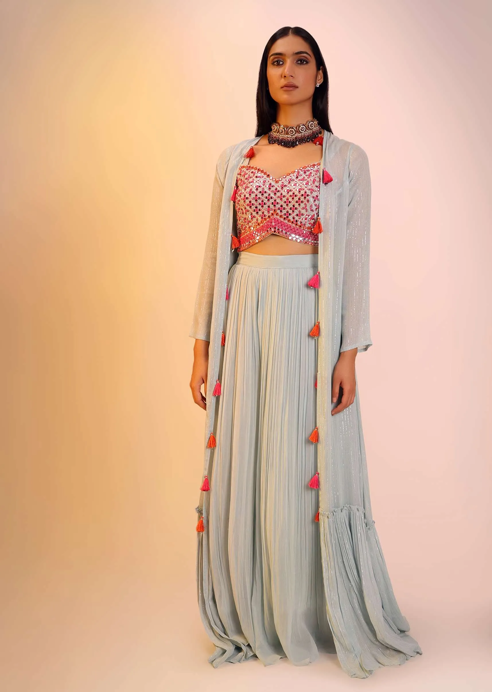 Blue Haze Palazzo And Crop Top Suit With Mirror Abla And Resham Work And Long Jacket