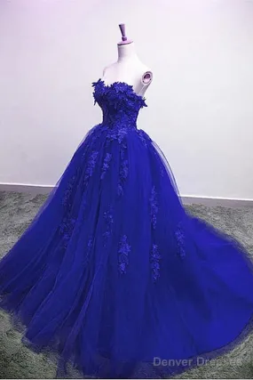 Blue Lace Floral Prom Dresses Tulle Applique Sweetheart Ball Gown Formal Dresses