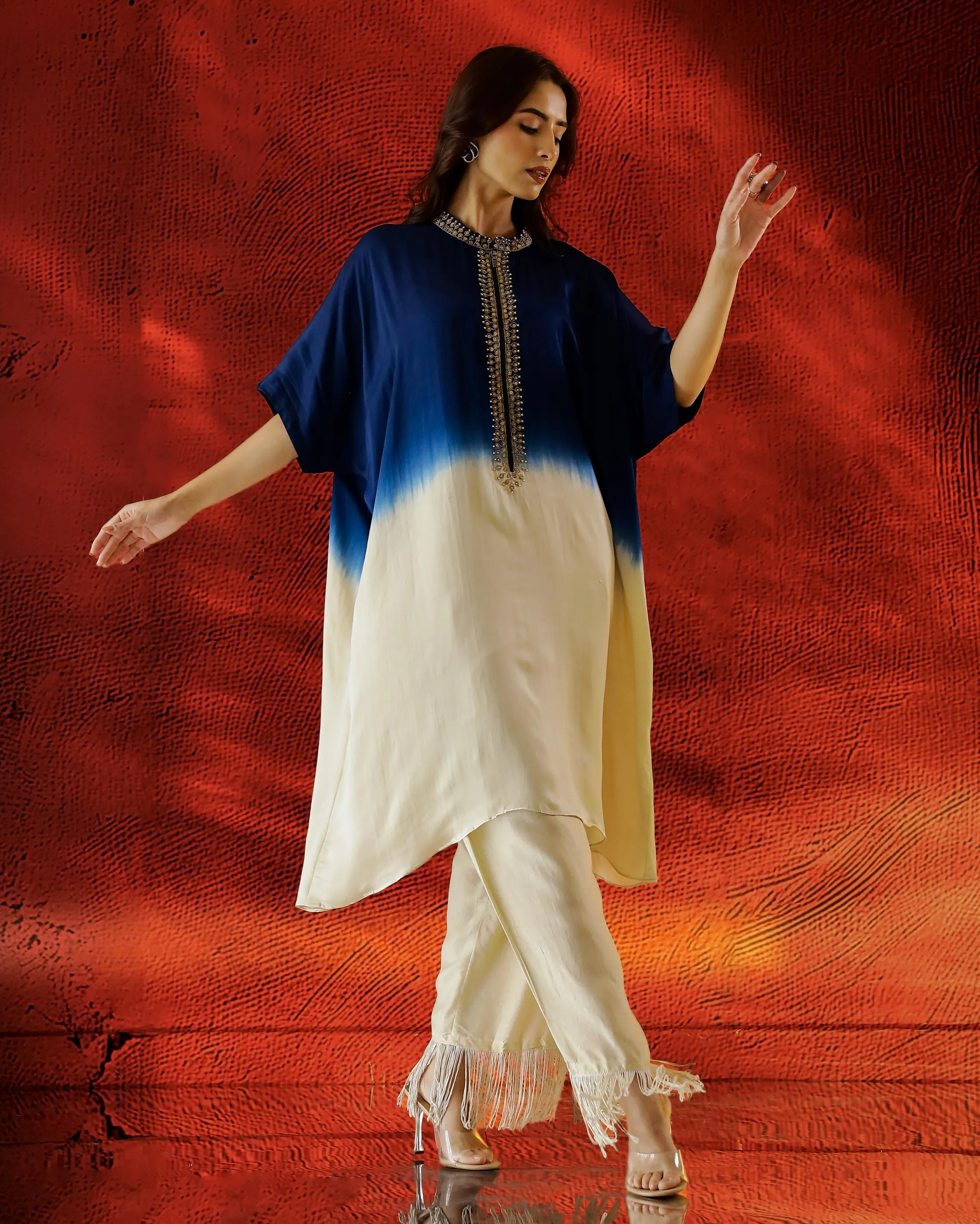Blue Ombre Dyed Satin Silk Kaftan Set