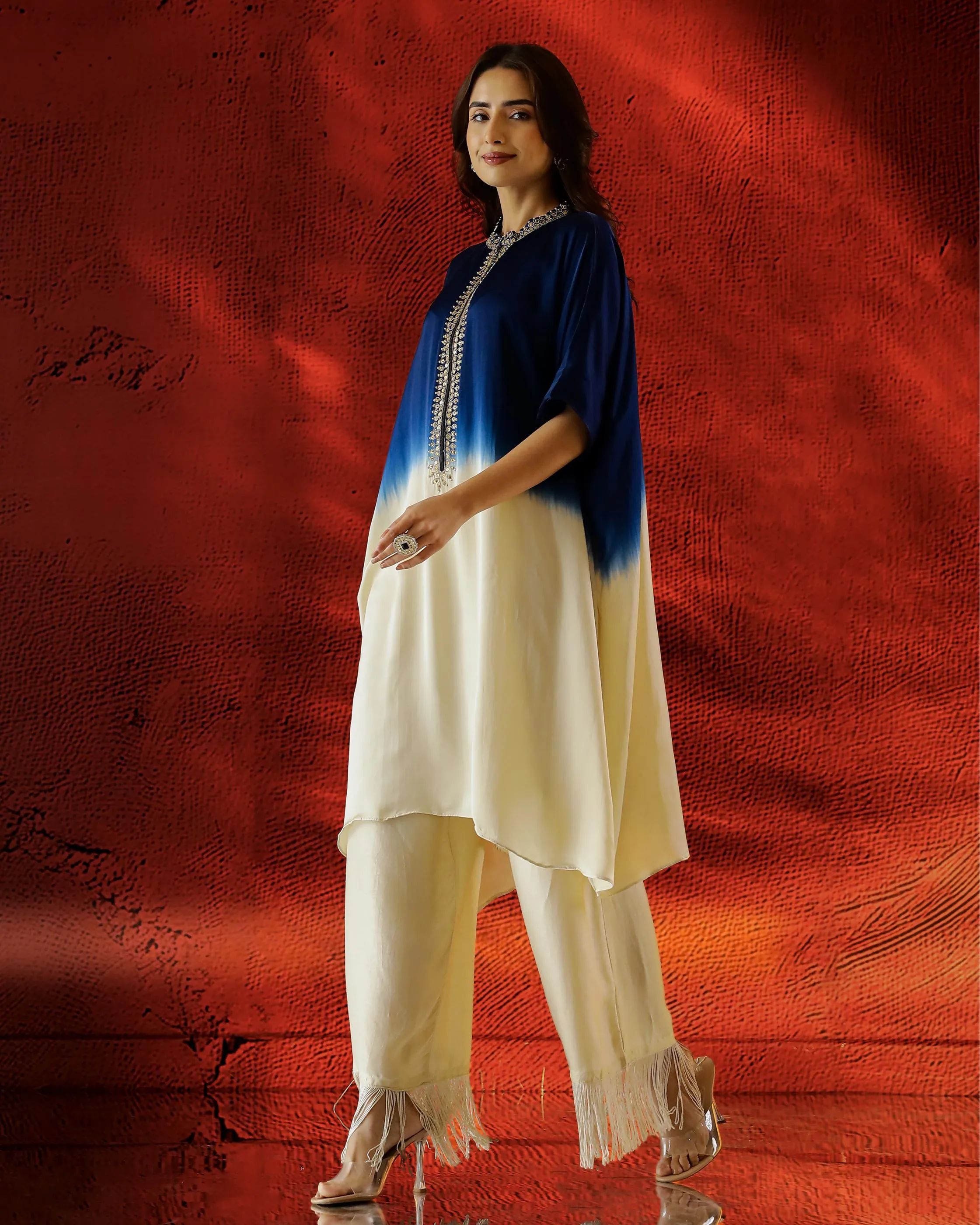 Blue Ombre Dyed Satin Silk Kaftan Set
