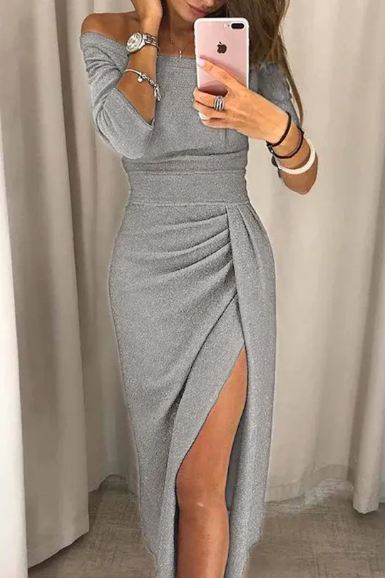 Bonnyshow  Wrap Hip Slit Collar Maxi Dresses(5 Colors)