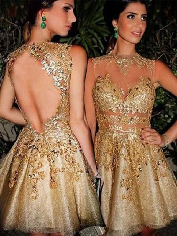 Bridelily A-Line Bateau Sleeveless Tulle With Applique Short/Mini Prom Dresses