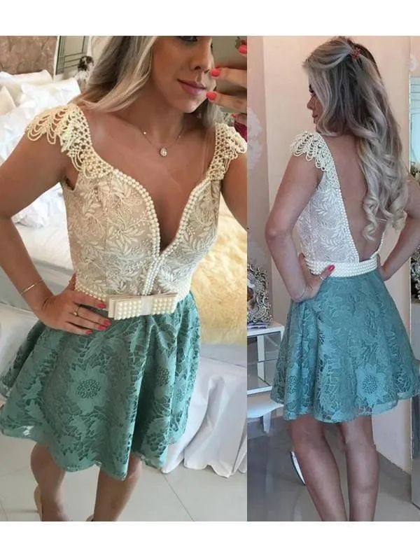 Bridelily A-Line Lace V-neck Sleeveless Short/Mini With Beading Dresses