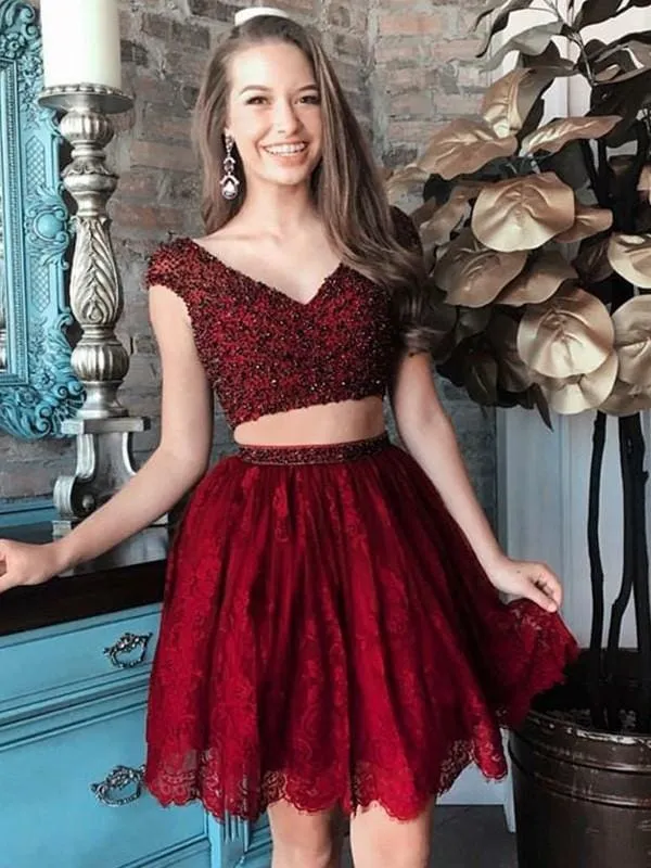 Bridelily A-Line Lace V-neck Sleeveless Short/Mini With Beading Two Piece Dresses