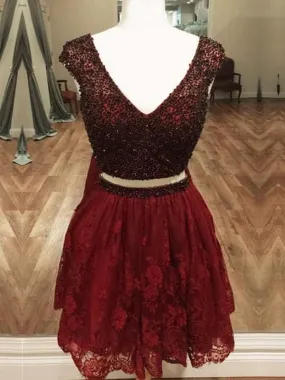 Bridelily A-Line Lace V-neck Sleeveless Short/Mini With Beading Two Piece Dresses