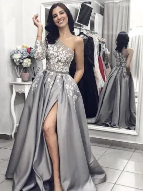 Bridelily A-Line One-Shoulder Sweep/Brush Train With Applique Satin Dresses