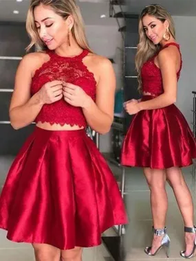 Bridelily A-Line Sleeveless Halter Satin With Lace Short/Mini Two Piece Dresses