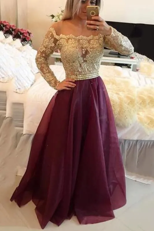 Bridelily Gold Burgundy Long-Sleeves Lace-Appliques A-line Prom Dresses